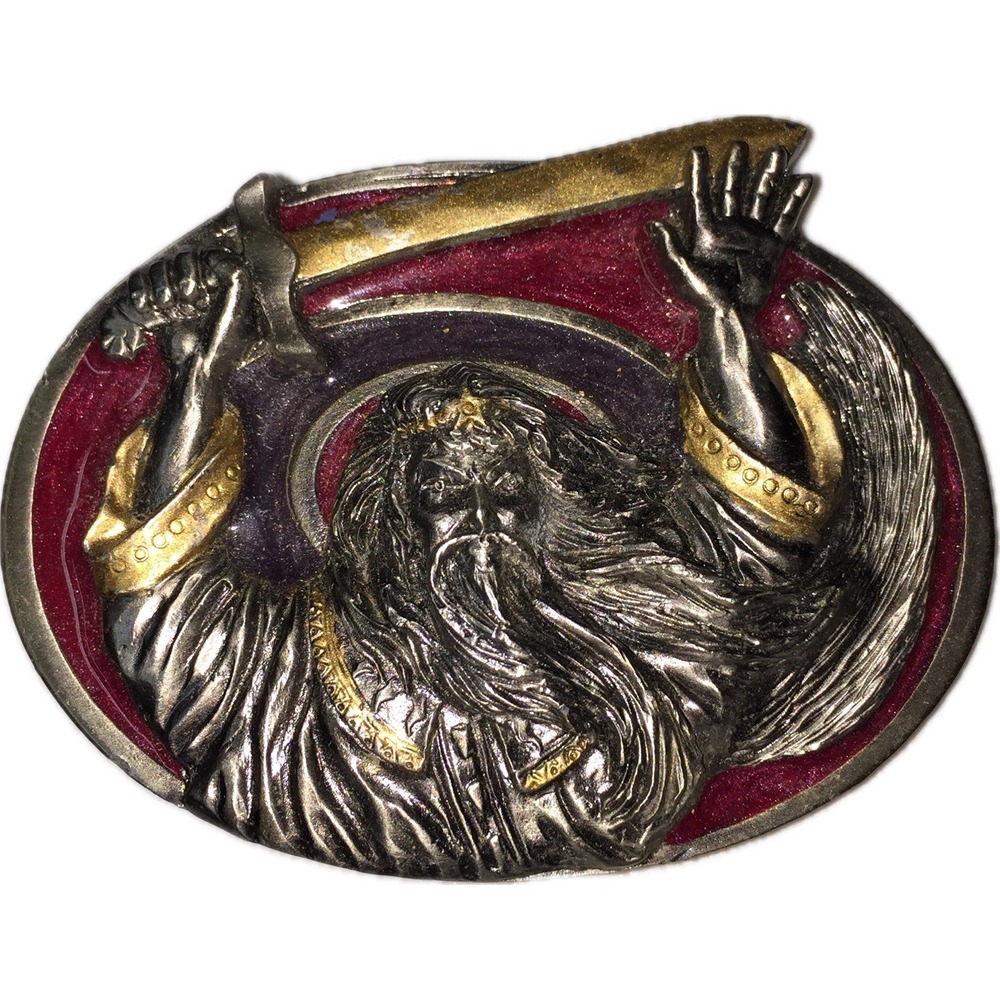 1994 "Great American Products" Pewter Belt Buckle Fantasy Wizard Red Enamel